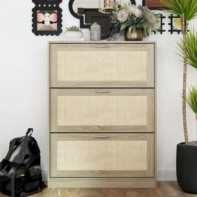 Shoe Cabinet, Shoe Rack Storage Organizer with 3 Flip Drawers Rattan