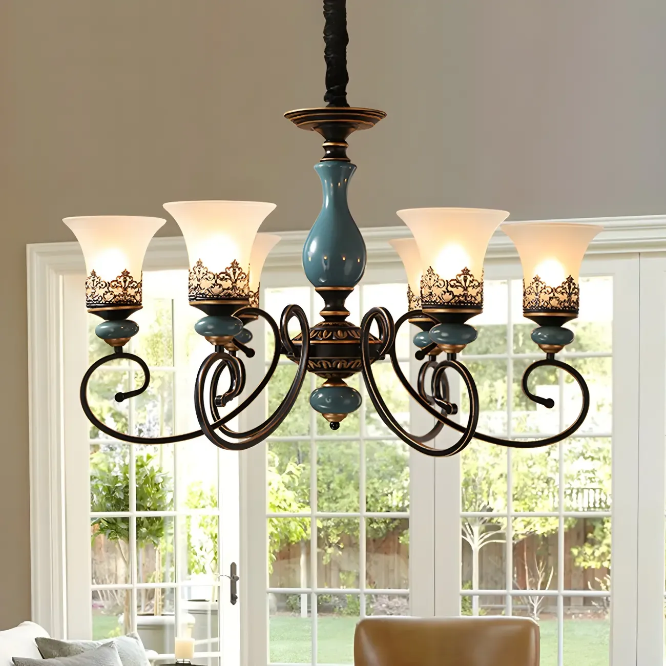 Classical Frosted Glass Blue Ceramic Up Chandelier