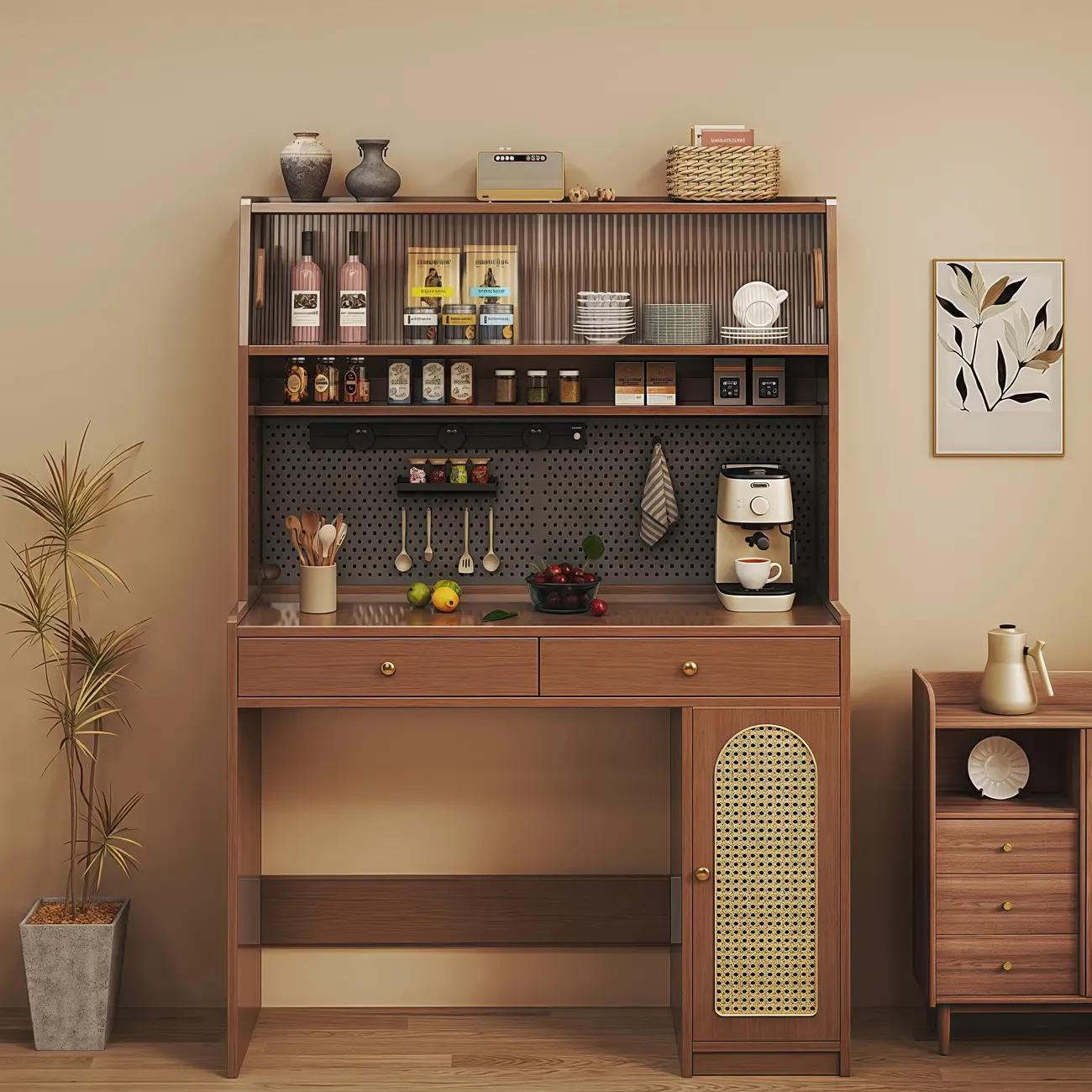 2-Drawer Brown Wood Kitchen Storage Cabinet with Hutch