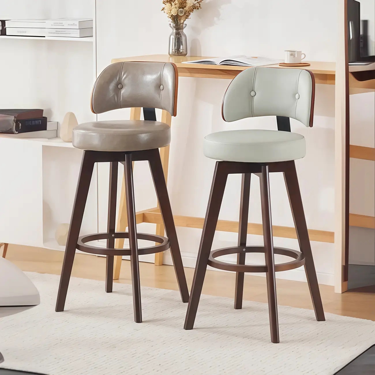 Natural Wood Round Leather Swivel Bar Stools