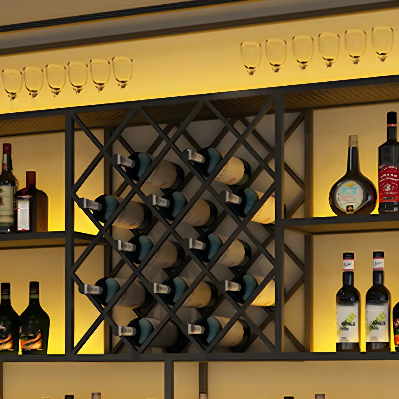 Rectangular Black Metal Wall-Mounted Wine Bottle Rack