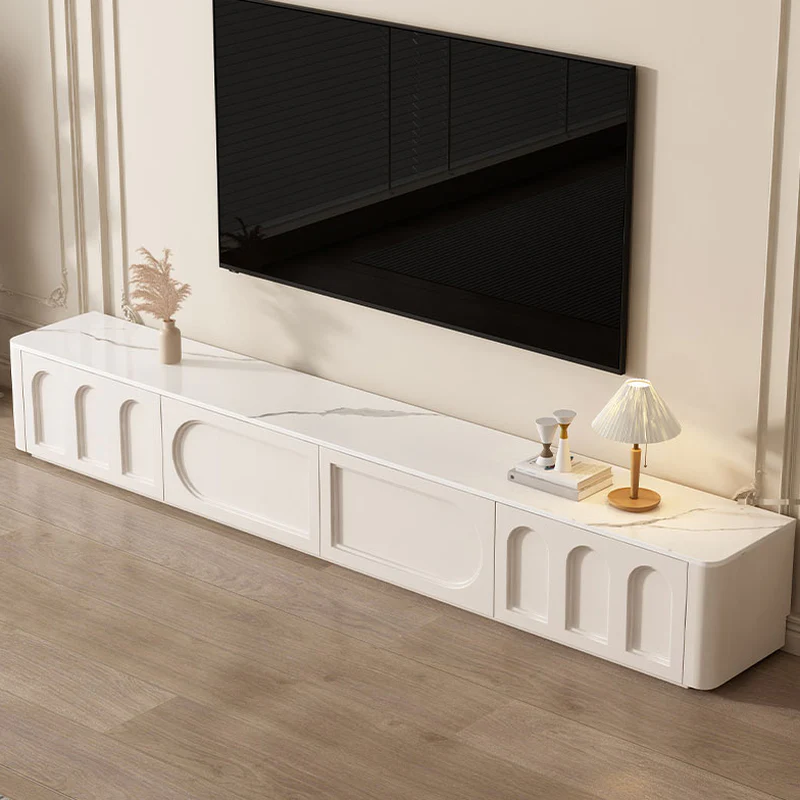 White Modern Long Wooden TV Stand with Drawers