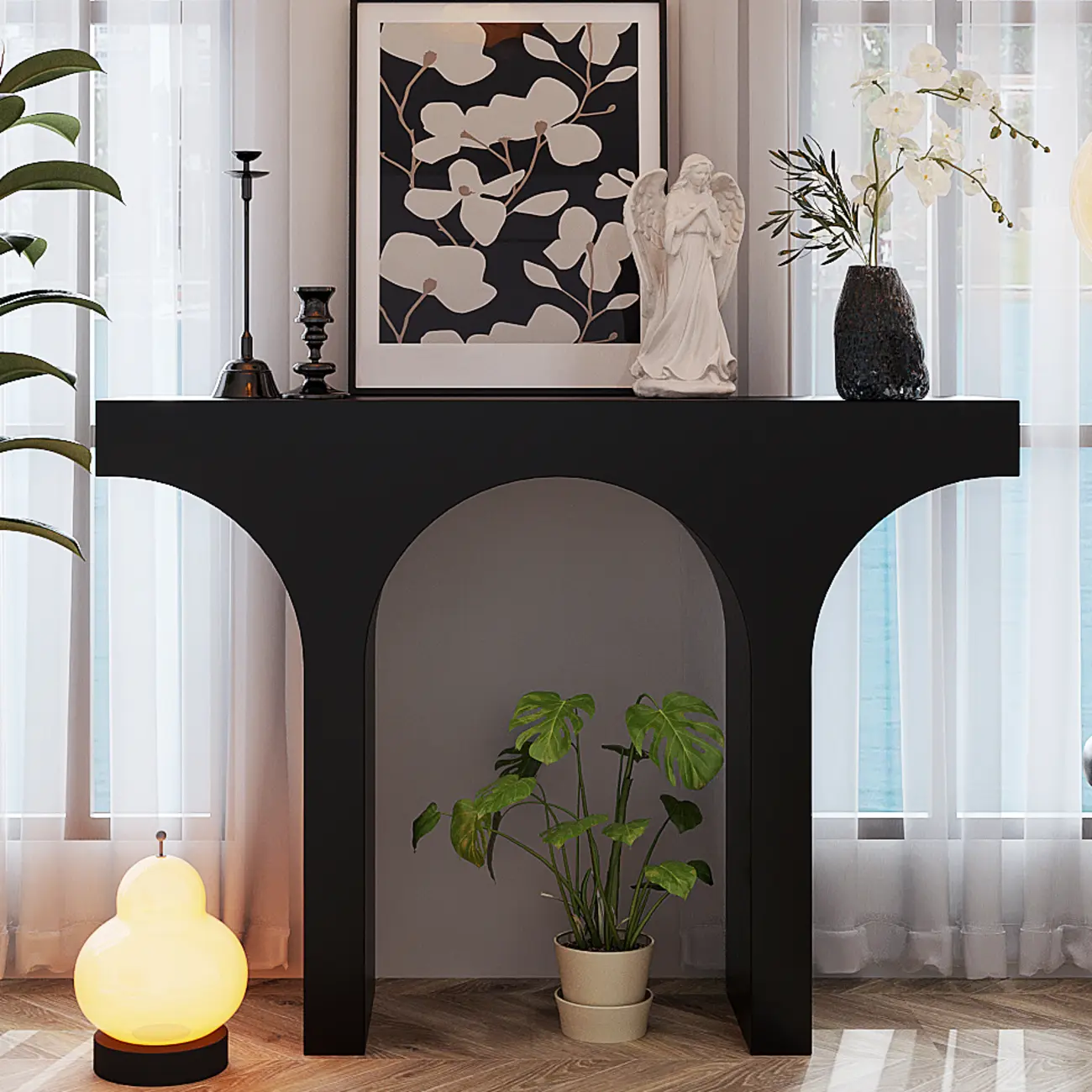 Entryway Rectangular Black Arch Base Console Table