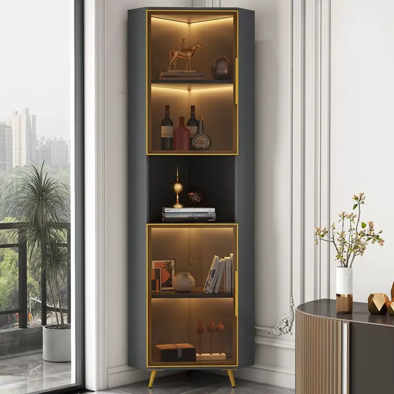 Modern Glam White-Gold Wood Glass Display Cabinet