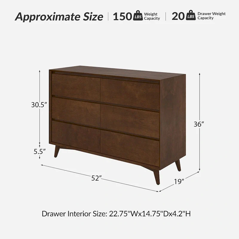 Raffaele Mid-century 6-Drawer Dresser with Solid Wood Legs by HULALA HOME