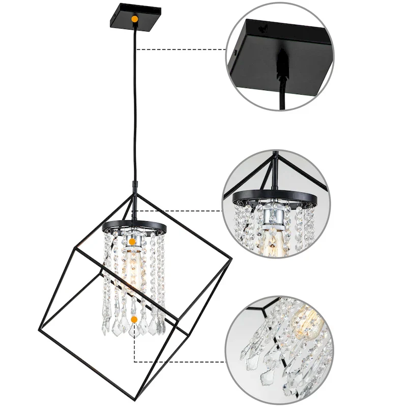 C Cattleya 1-Light Black Geometric Hanging Pendant Light with Cylinder Crystal Beads Shade