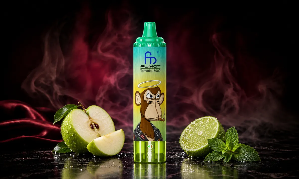 FUMOT Tornado 15000 Green Apple Citrus Menthol – E-Zigarette in einer atmosphärischen Produktszene