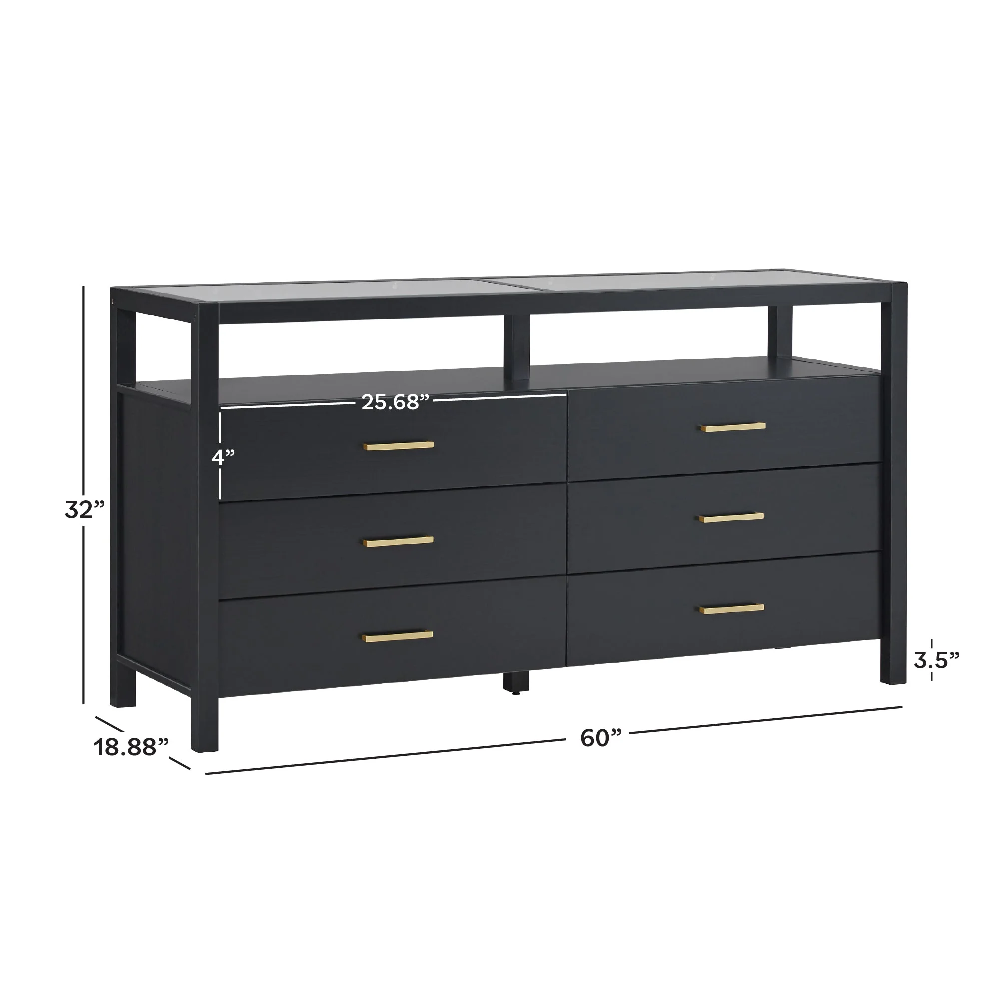 Isla Modern Easy Assembly Solid Wood 6-Drawer Dresser with Glass Top