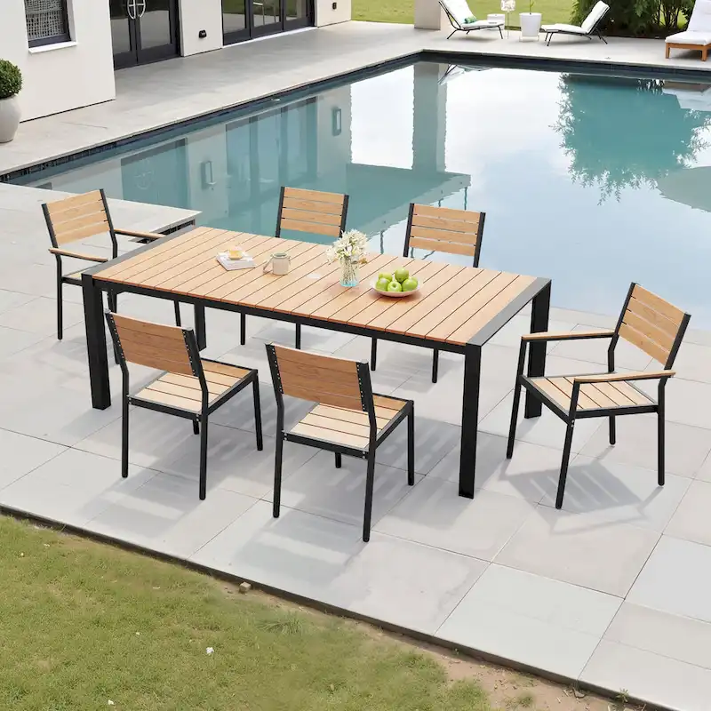 7-Piece Patio Dining Set Aluminum Dining Table with Umbrella Hole and Stackable Chairs