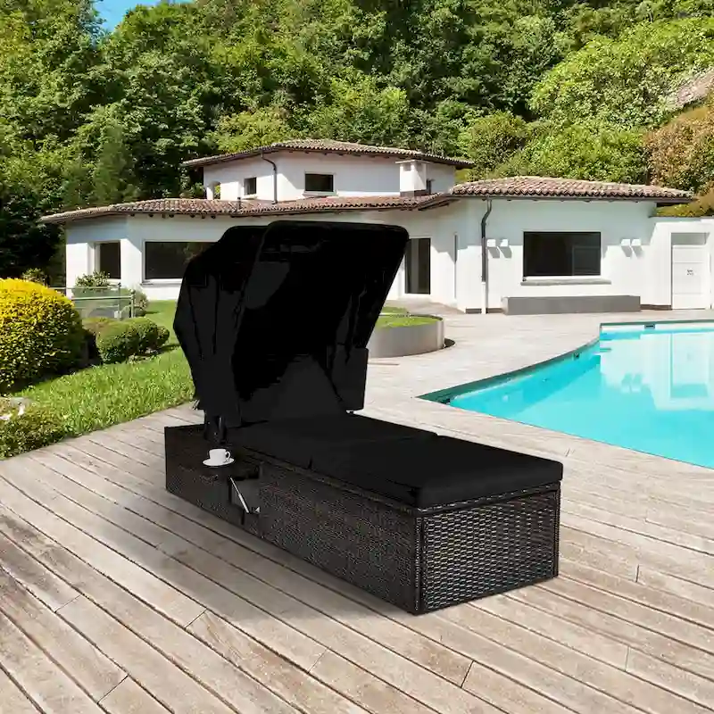 Gymax Rattan Patio Chaise Lounge Chair W/ Adjustable Canopy Black