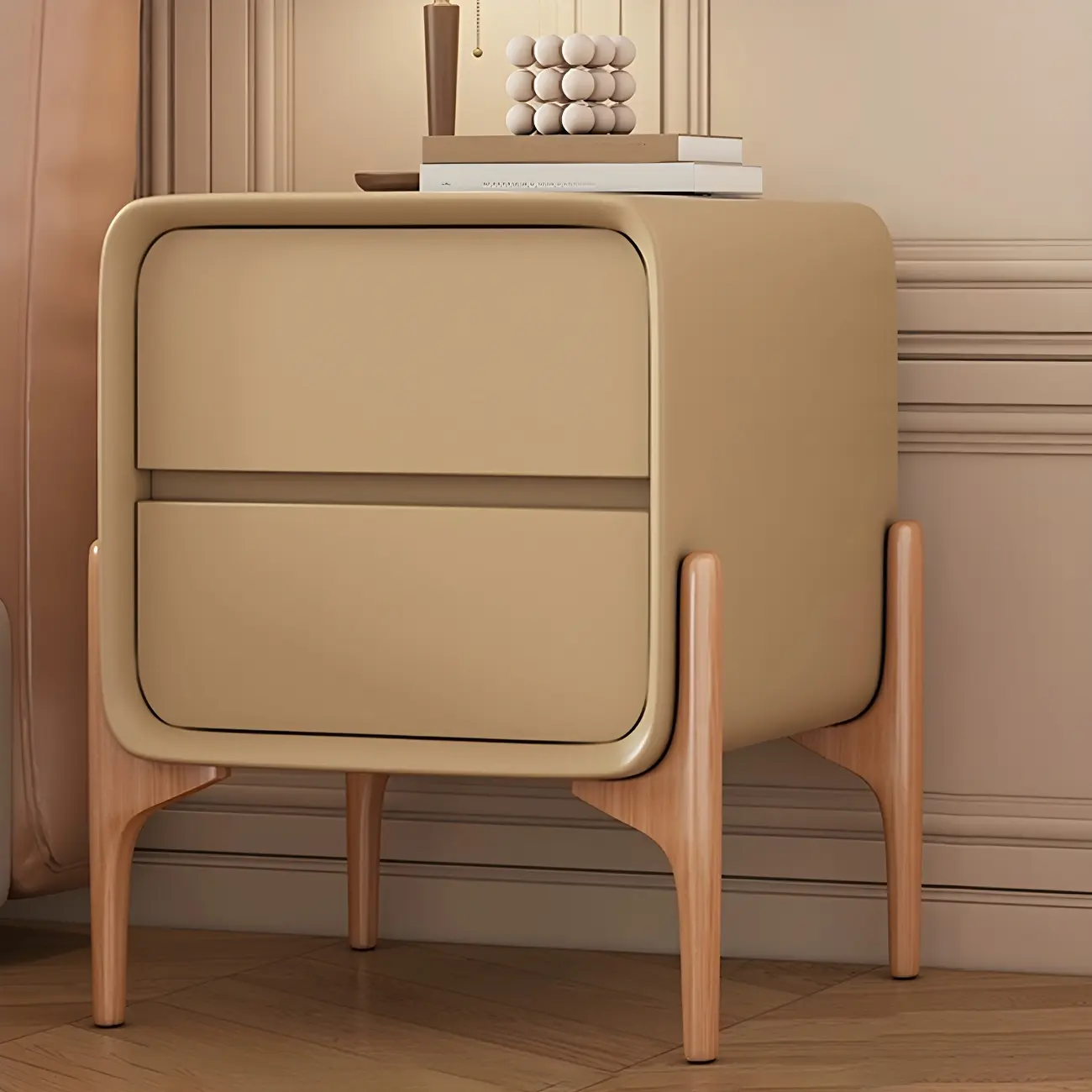 Simple Curved Wooden Faux Leather 2 Drawer Nightstand