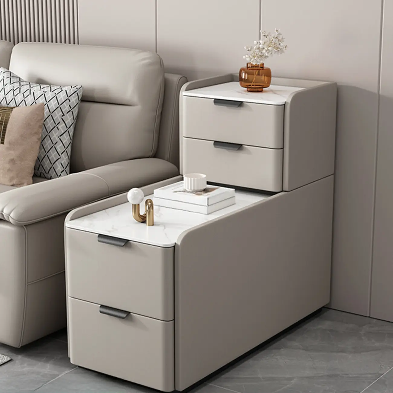 Tall 4-Drawer Stone Top Wooden L-Shaped Sofa End Table