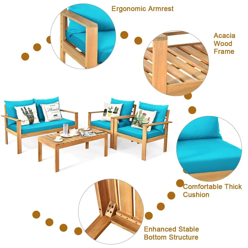 Gymax 4PCS Patio Acacia Wood Conversation Furniture Set w/ Turquoise - See Details