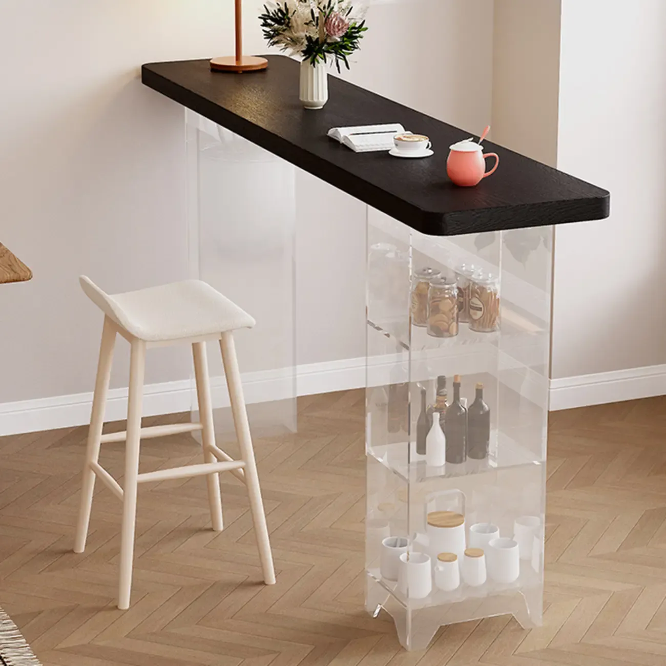 Modern Black Wooden Grain Top Clear Acrylic Storage Bar Tables