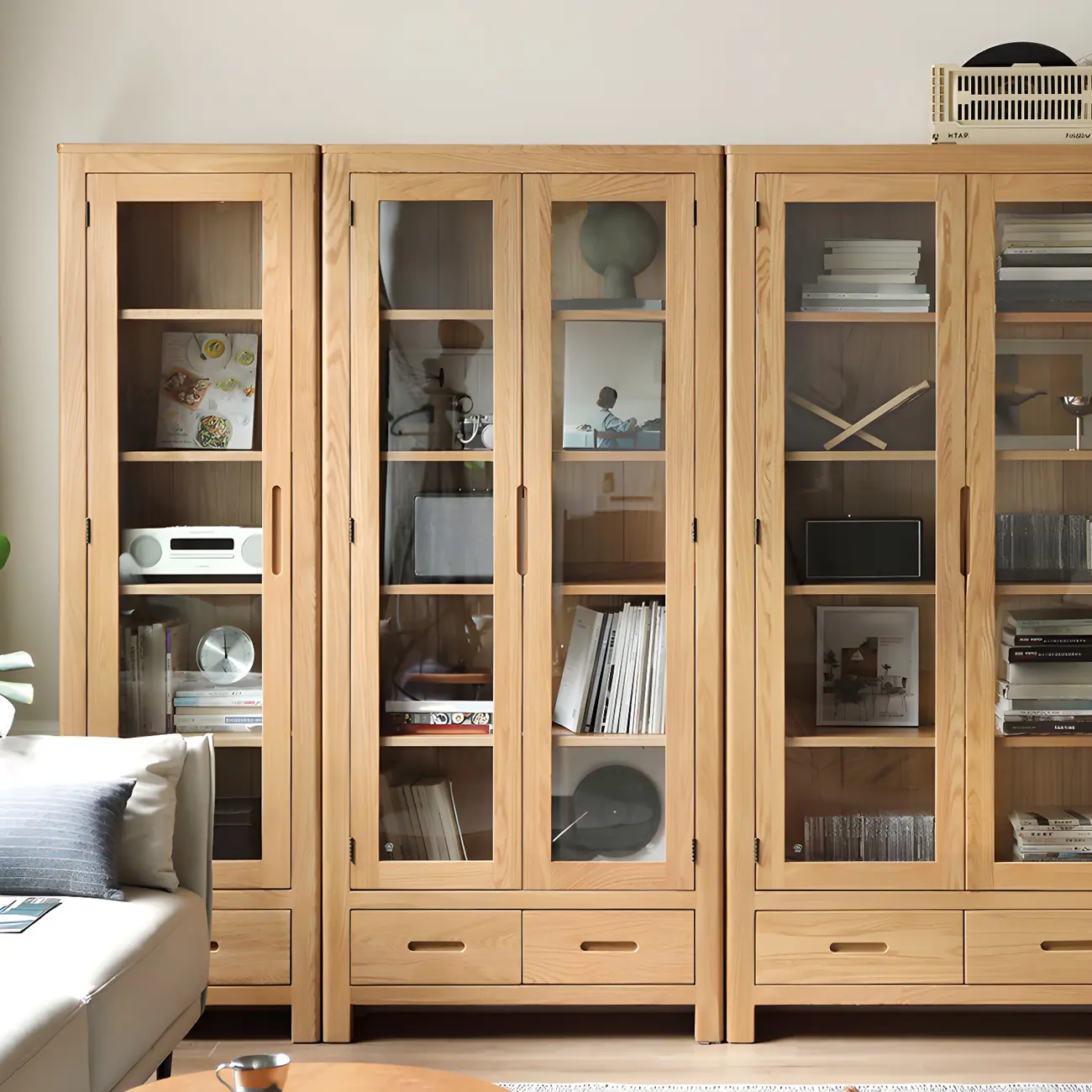 2-Drawer Natural Wood Display Cabinet Adjustable Shelves