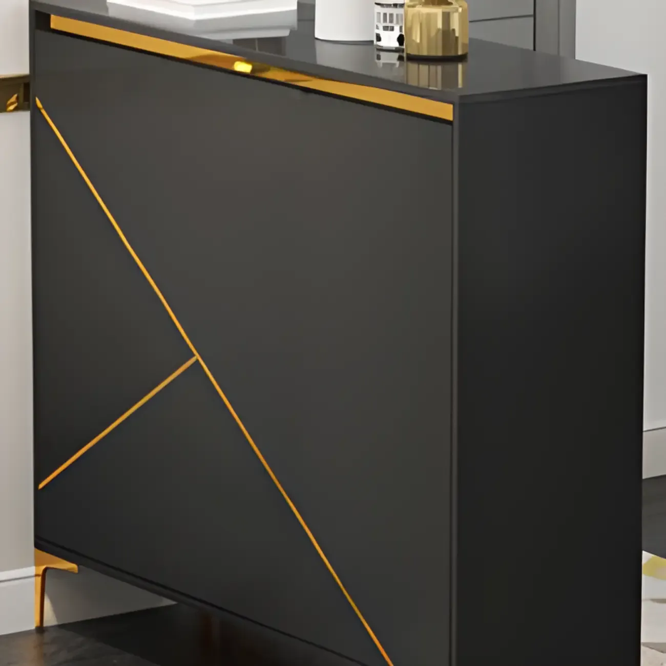 Trendy Gray Wood Shoe Cabinet with Drawers & Display Top