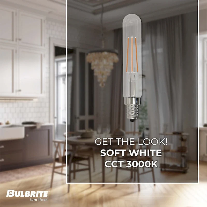 Bulbrite LED Filament Pack of (4) 4.5 Watt Dimmable T8 Light Bulb with Clear Glass Finish and Candelabra (E12) Base