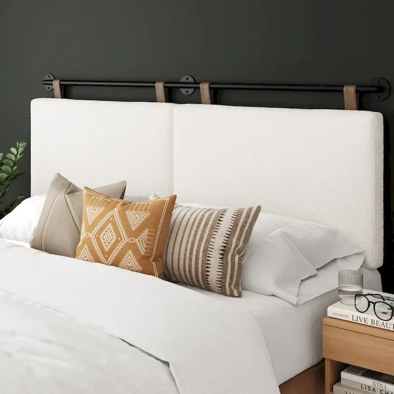 Charlie Wall Mount Boucle Upholstered Padded Headboard, Adjustable Height with Metal Rail