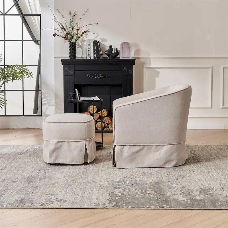 Swivel Barrel Chair with Ottoman and Black Metal Base