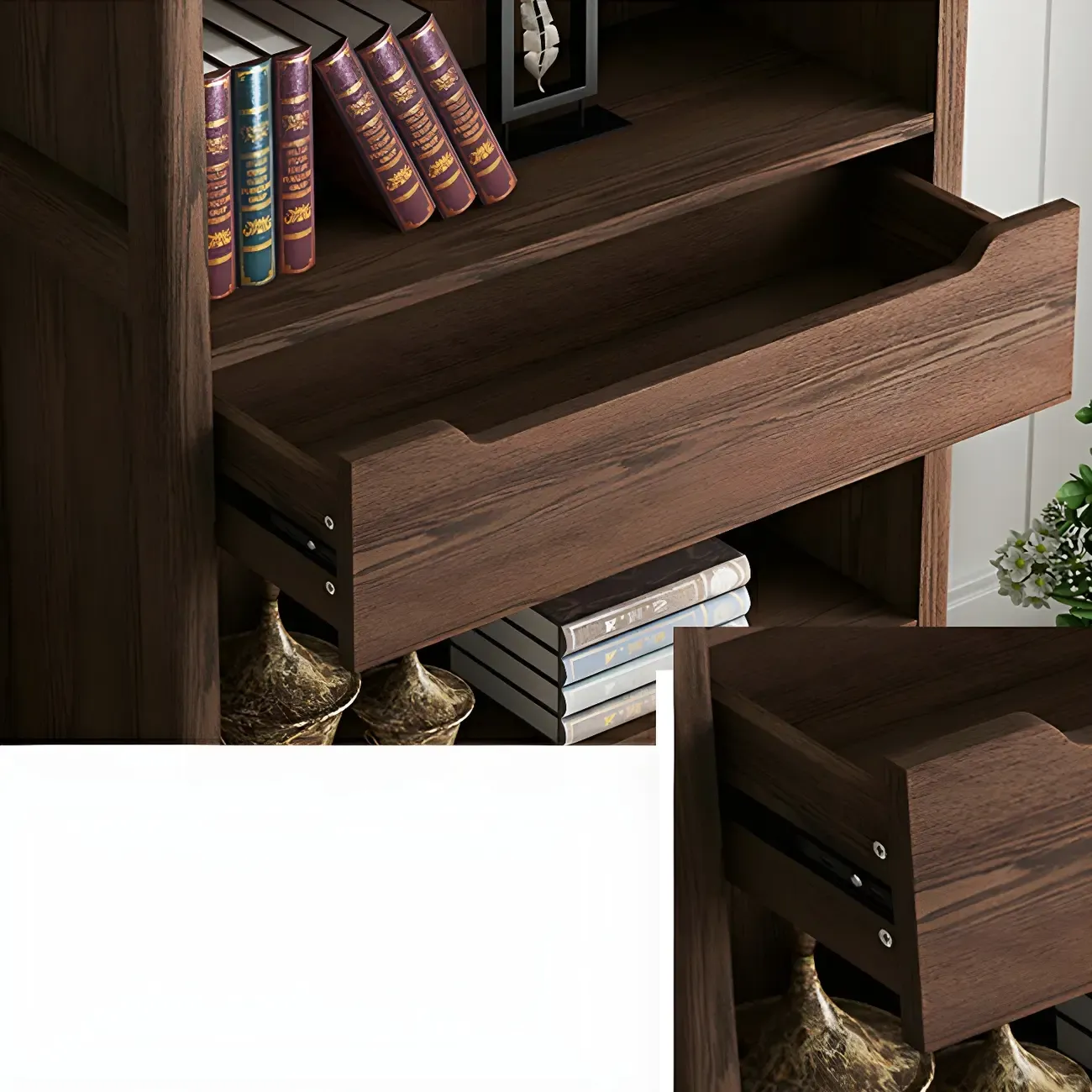 Modern Wooden Bookcase with Adjustable Shelves and Drawers