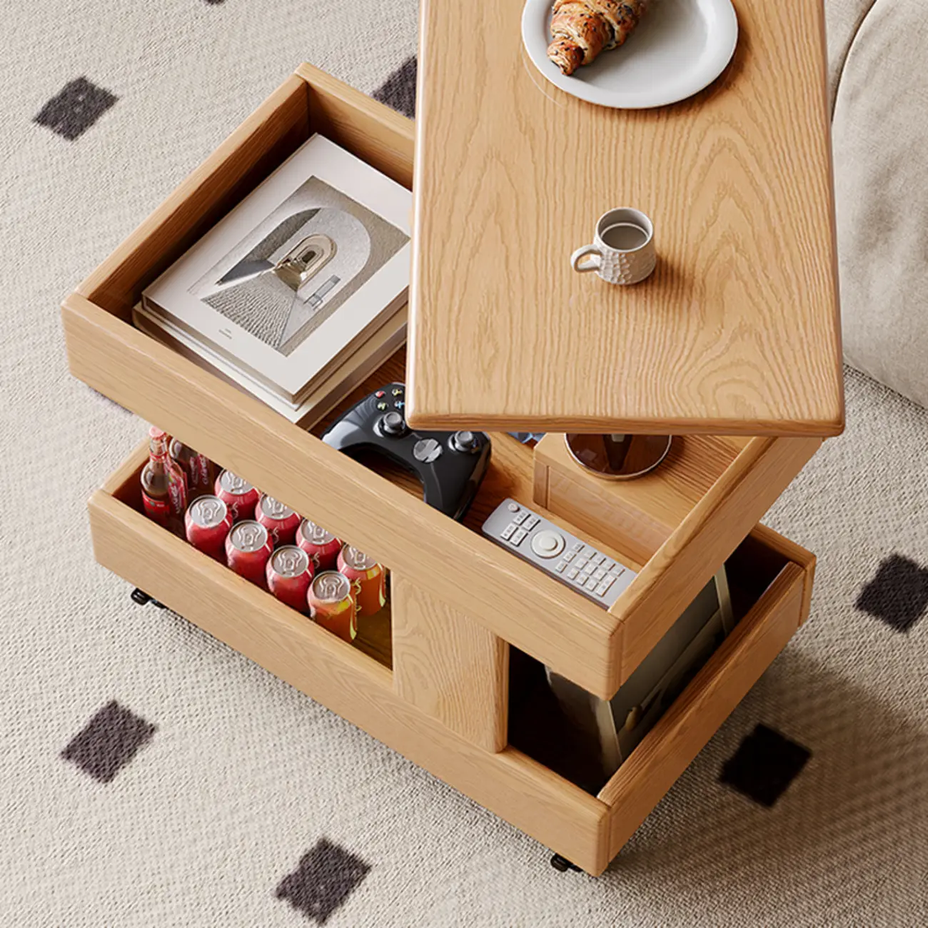 Adjustable 3-Tier Natural Wood Mobile Sofa Side Table