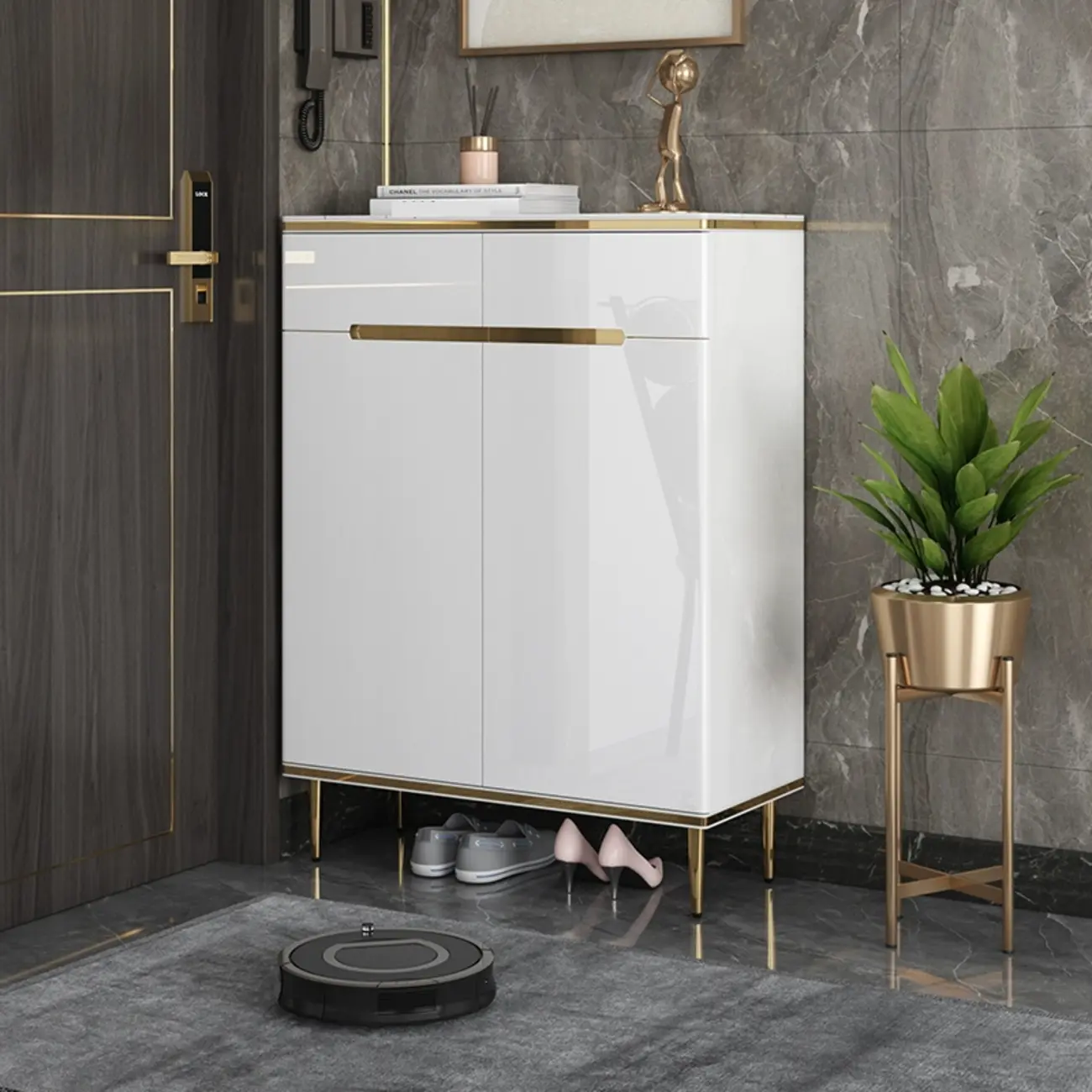 Glam Grey Solid Wood Entryway Shoe Storage Cabinet