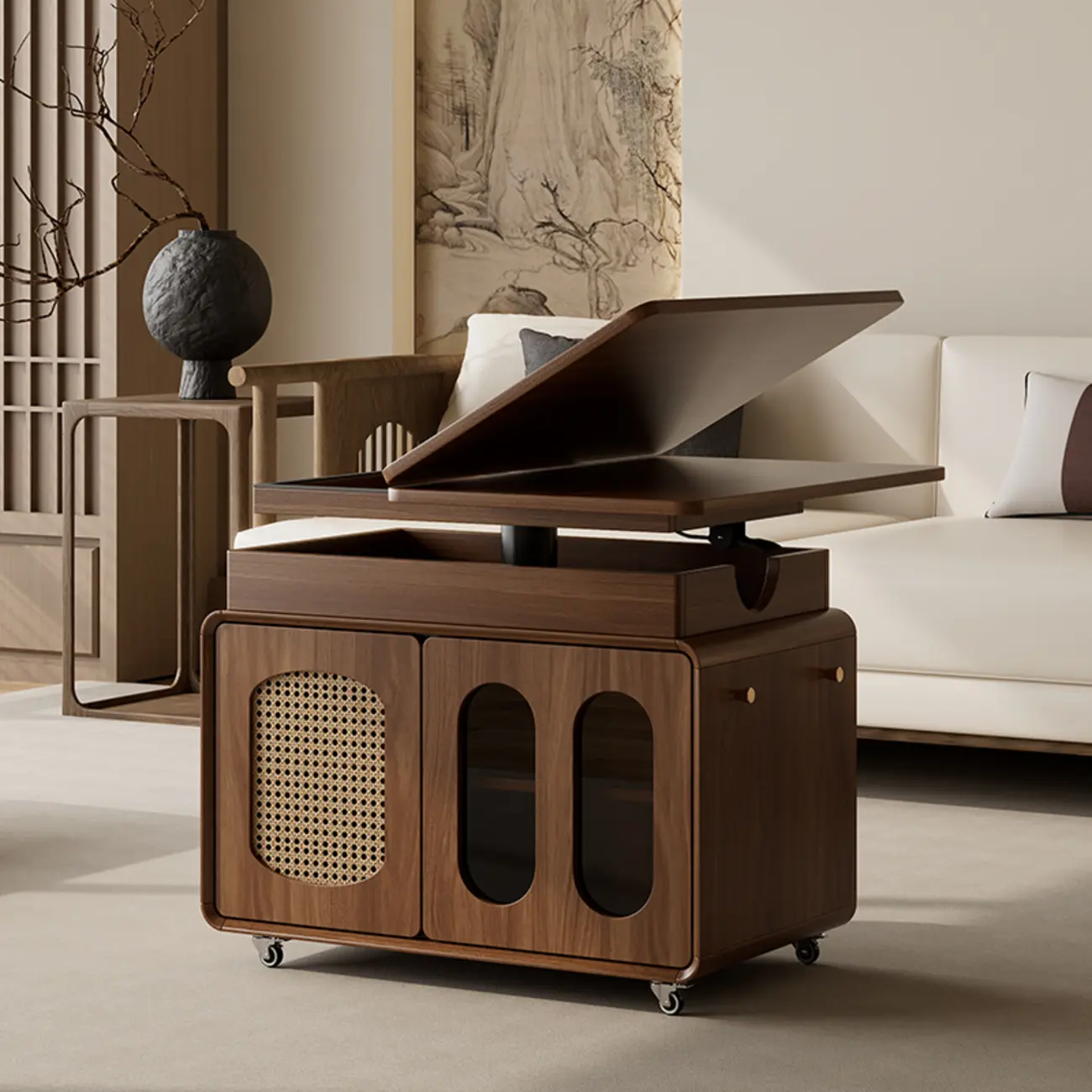 Elegant Brown Rolling Wood Side Table Adjustable Top