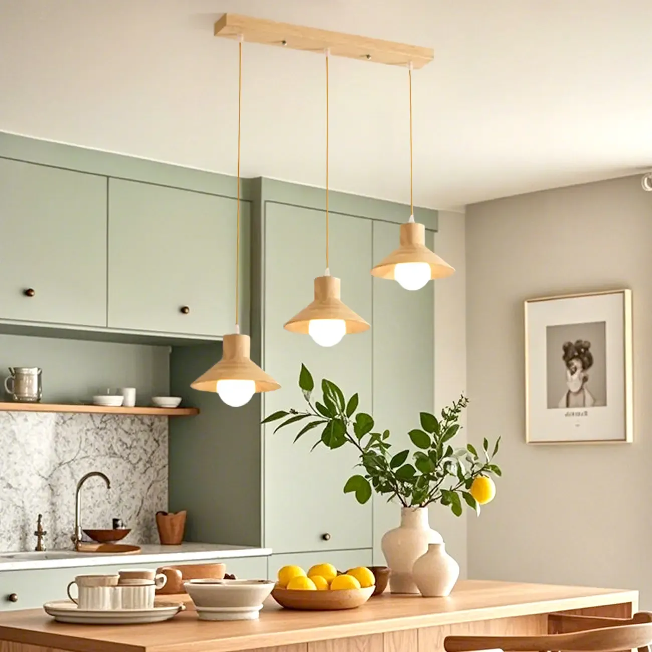 Rustic Island Light Modern Wood 3 Lights Cone Island Pendant