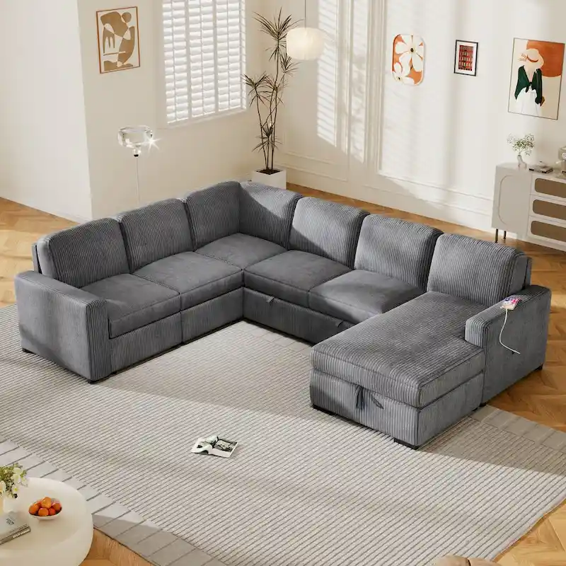 U-shaped Combination 6-Seat Corner Sofa with Storage Lounge Chair and USB Interfaces