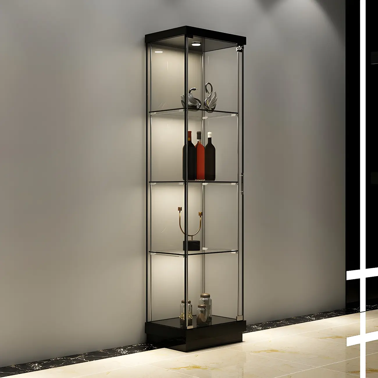Fashion Black Clear Glass Tall Curio Cabinet with Light