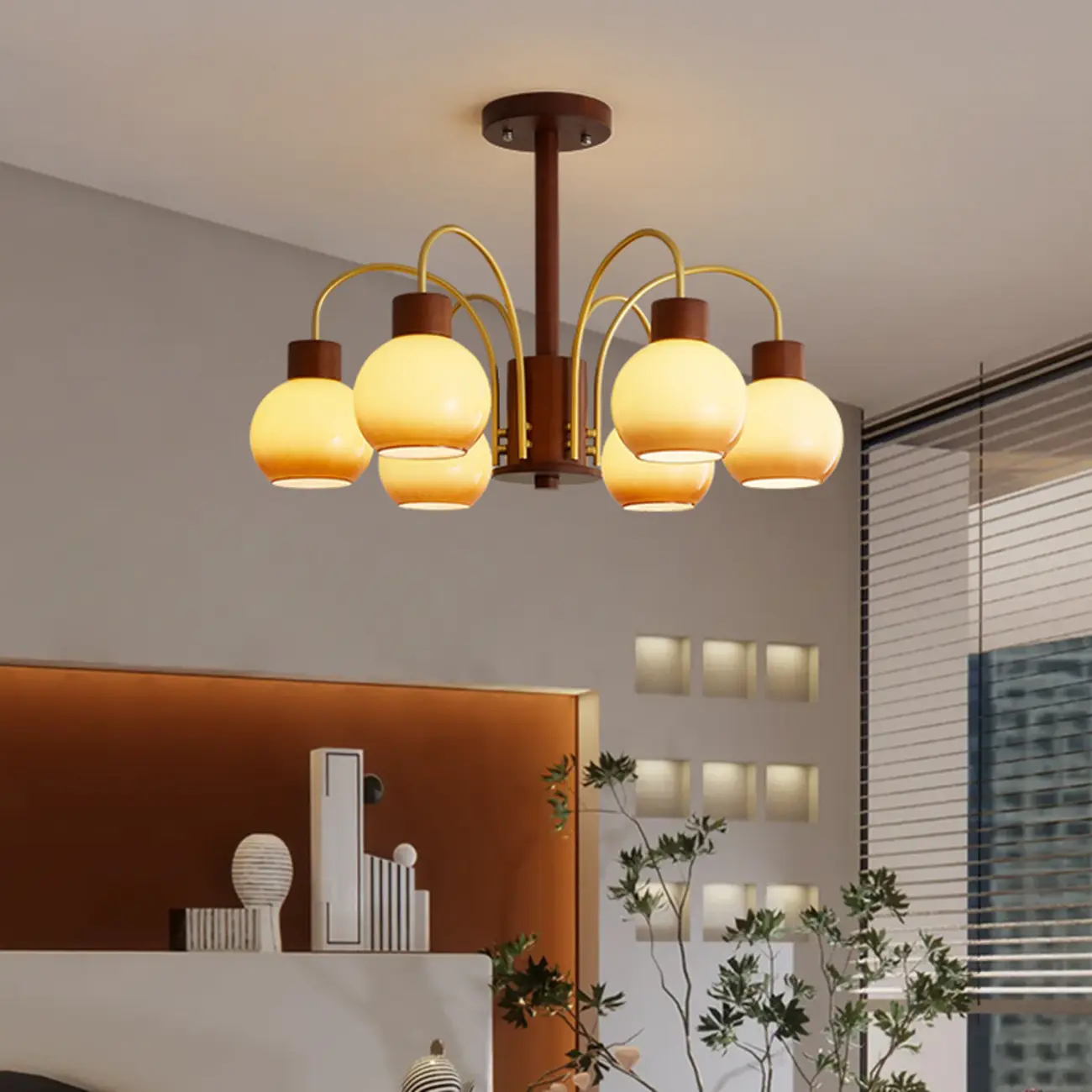 Classic Gold Metal Amber Glass Dome Chandelier