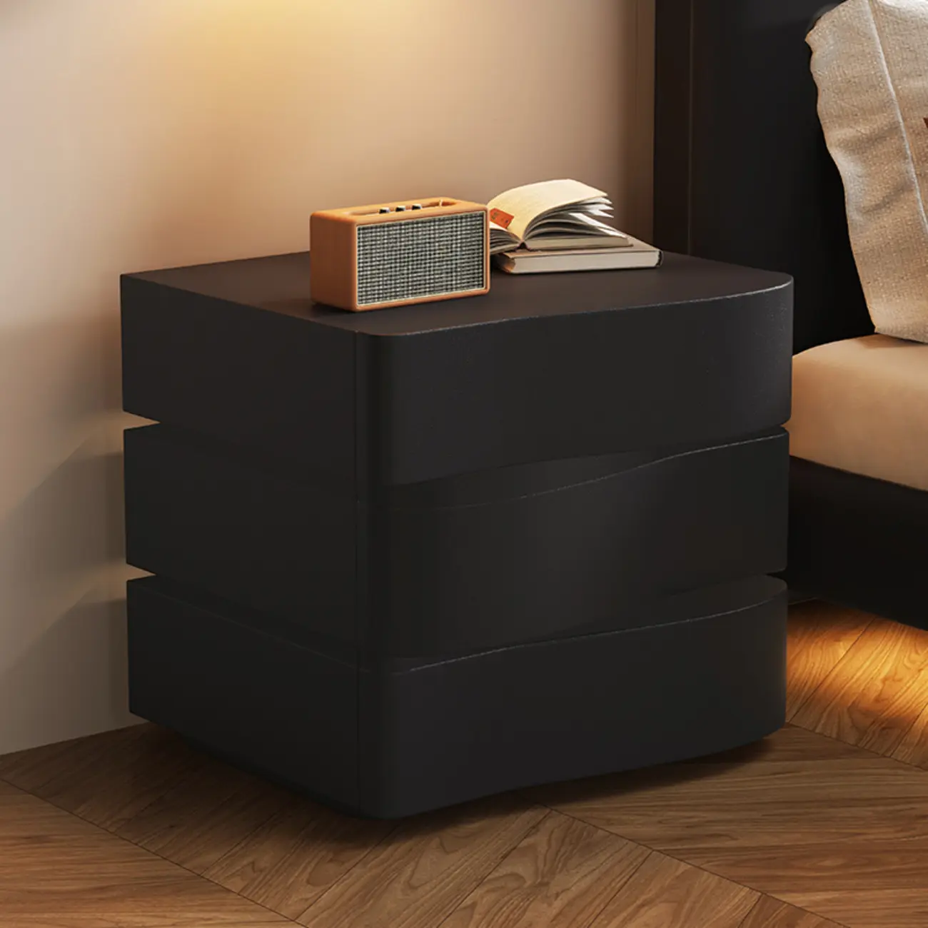 Stylish Black Wooden Wave 3 Drawers Nightstand