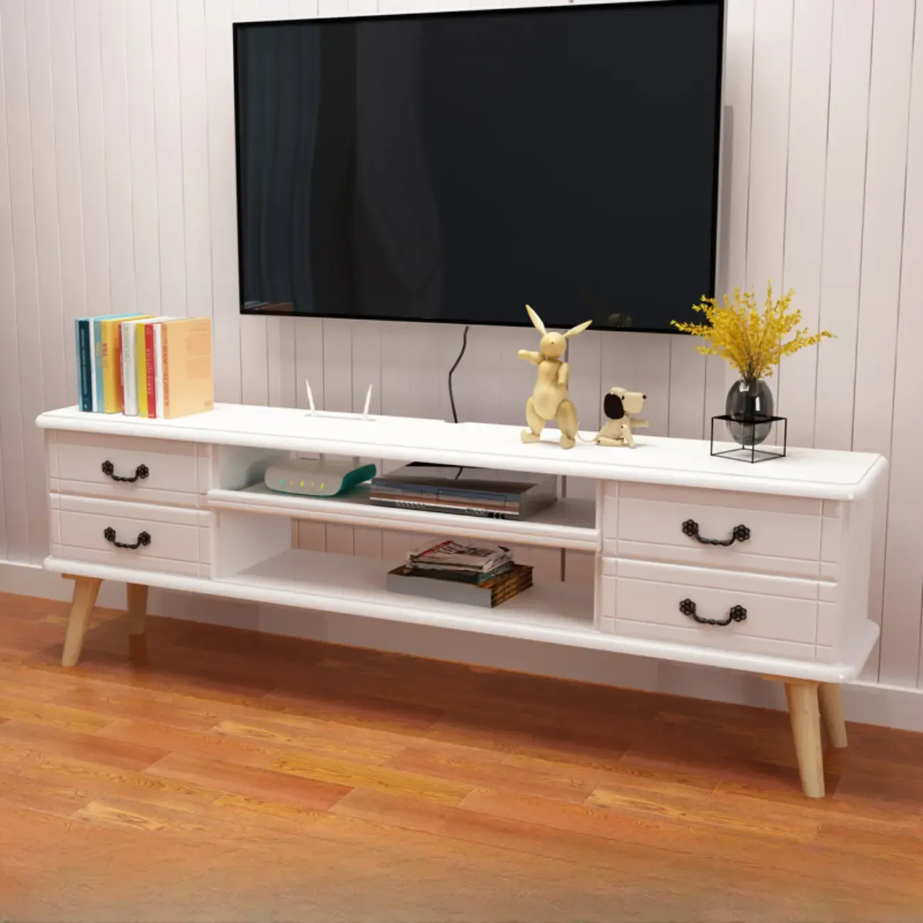 Living Room Wood Brown-White Cable Management TV Stand