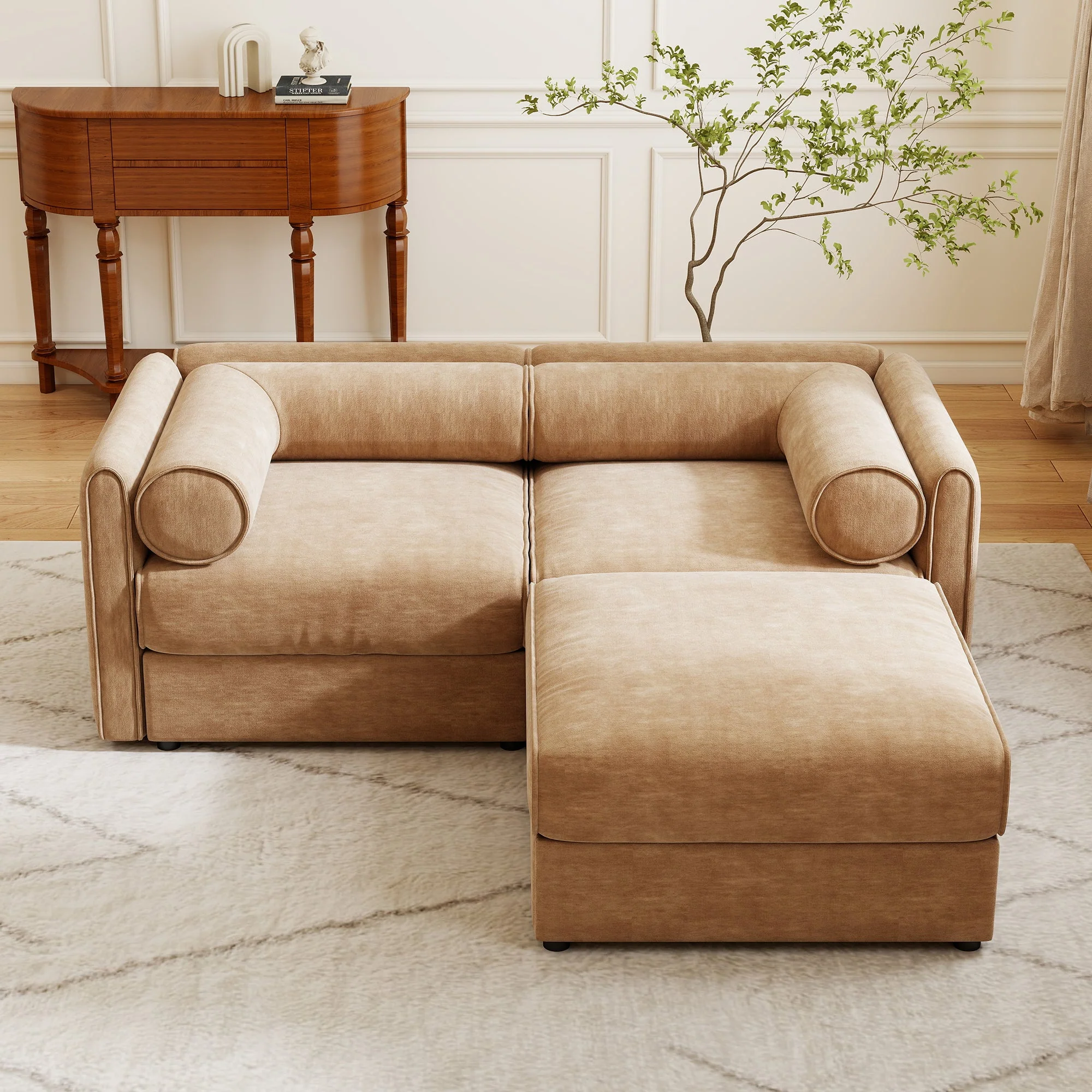 Walker Edison | Modern Stylish Camel Chenille Loveseat Sofa with Ottoman