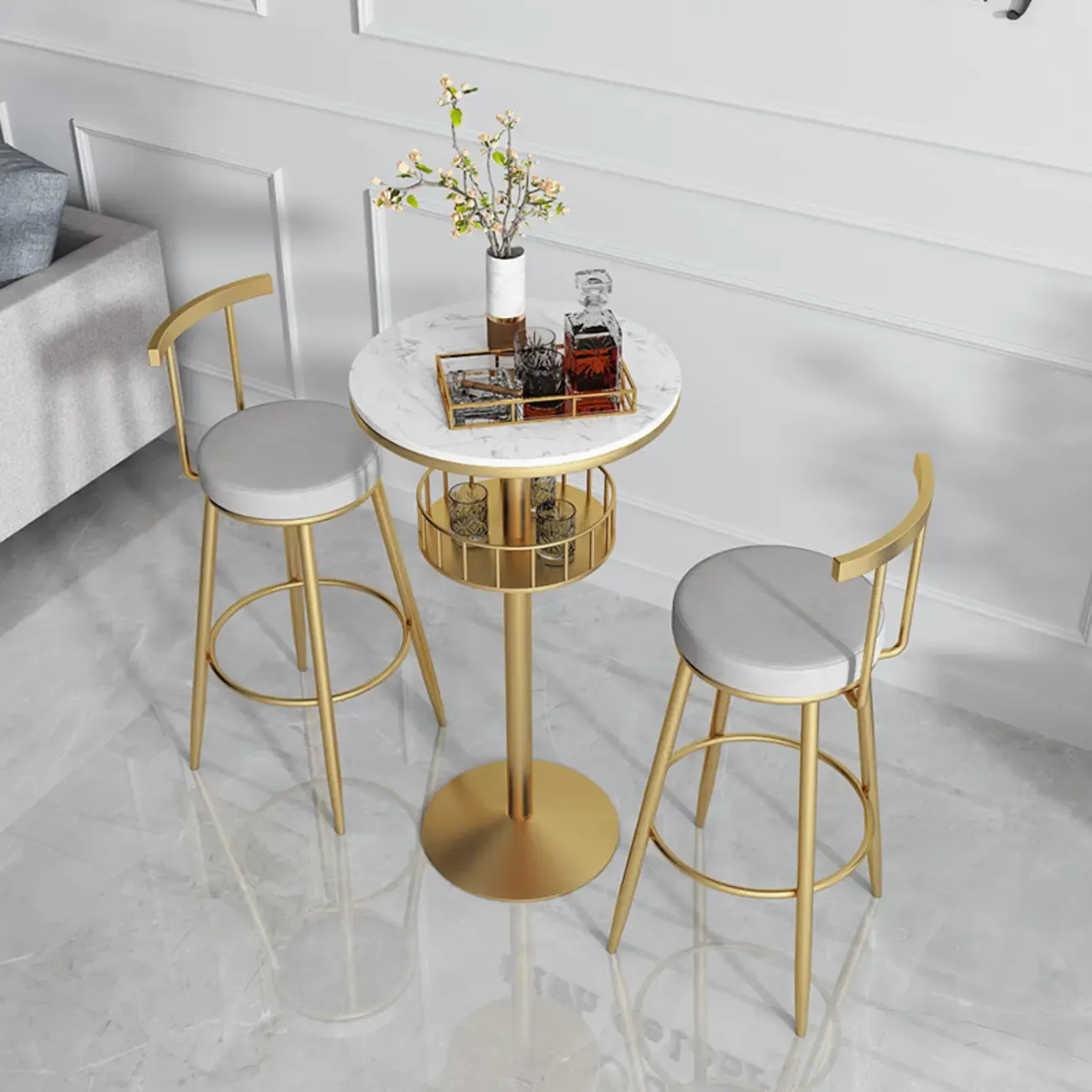Glamorous Golden Marble Round Bar Table with Under Shelf