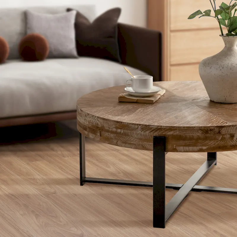 31W Round Coffee Table With Fir Wood Table Top and Metal Frame End Table