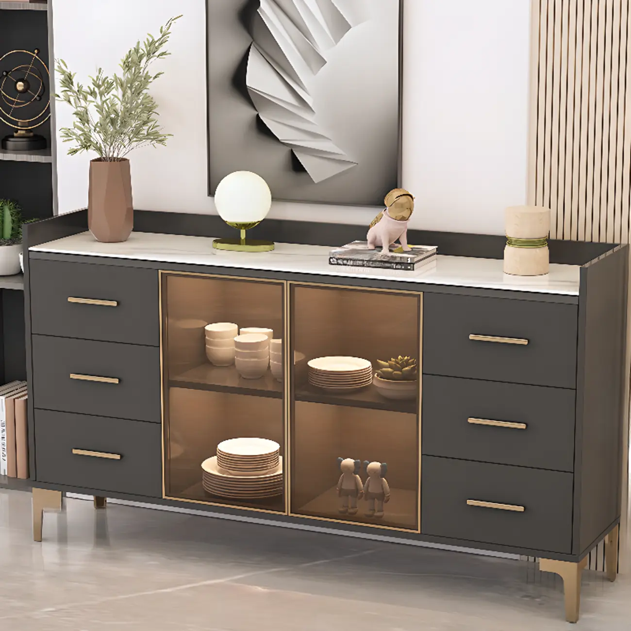 Trendy 6 Drawers White/Black Kitchen Cabinets with Metal Foot