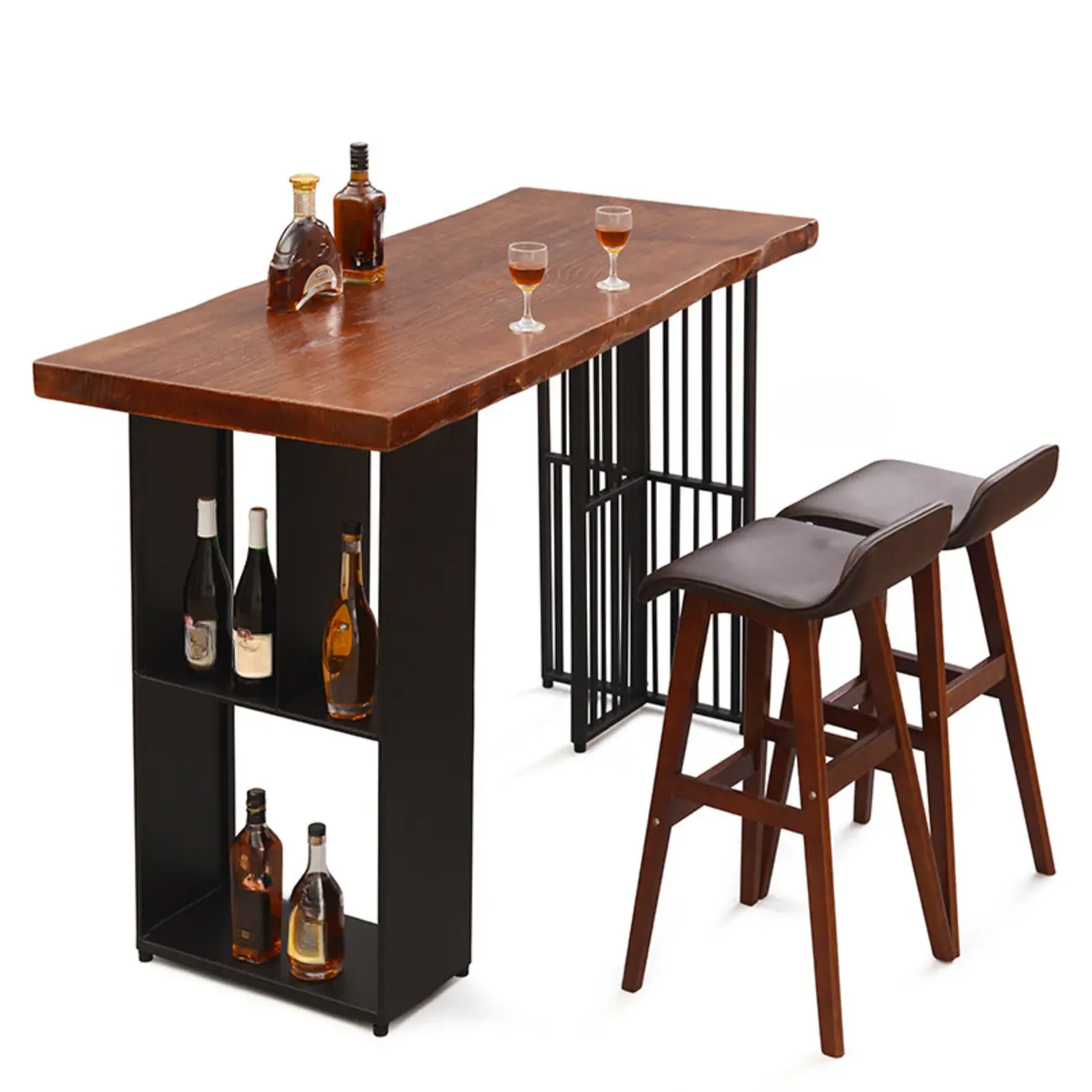 Brown Wooden Bar Height Table with Shelf Storage for Dining