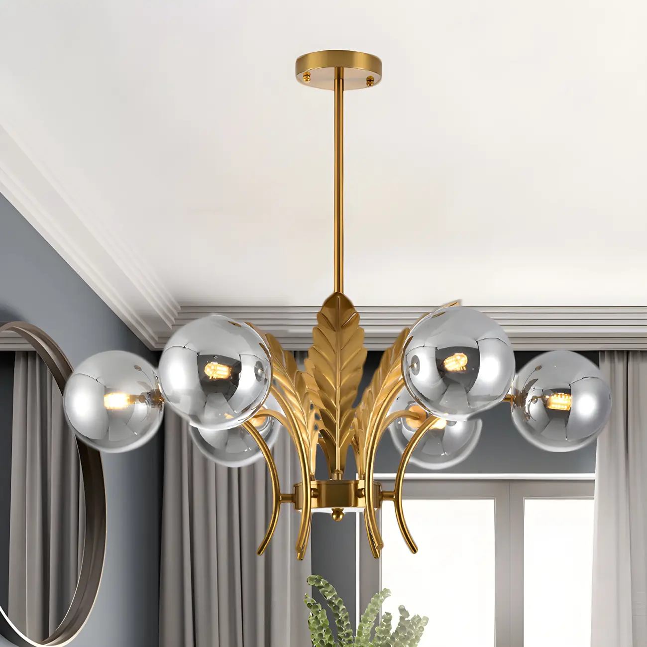 Luxury 6-light Gold Leaf Chandelier with Glass Globes
