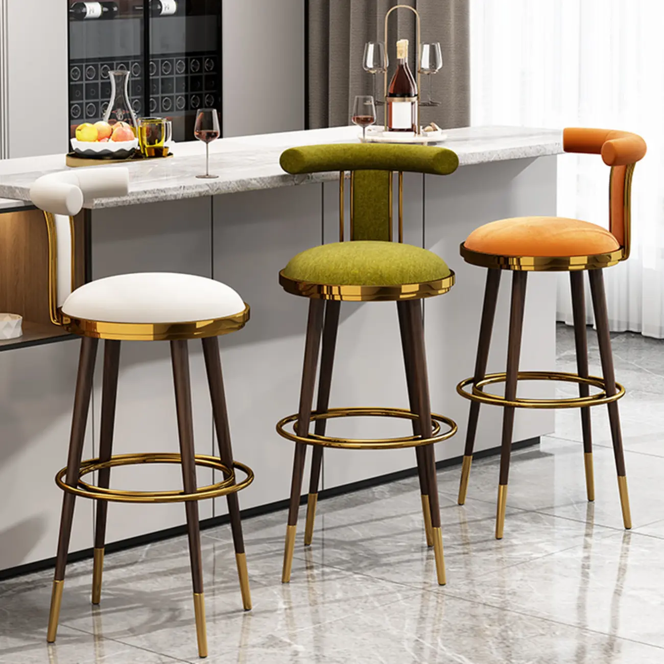 Glam Wood Velvet Upholstered Gold Accent Bar Stool