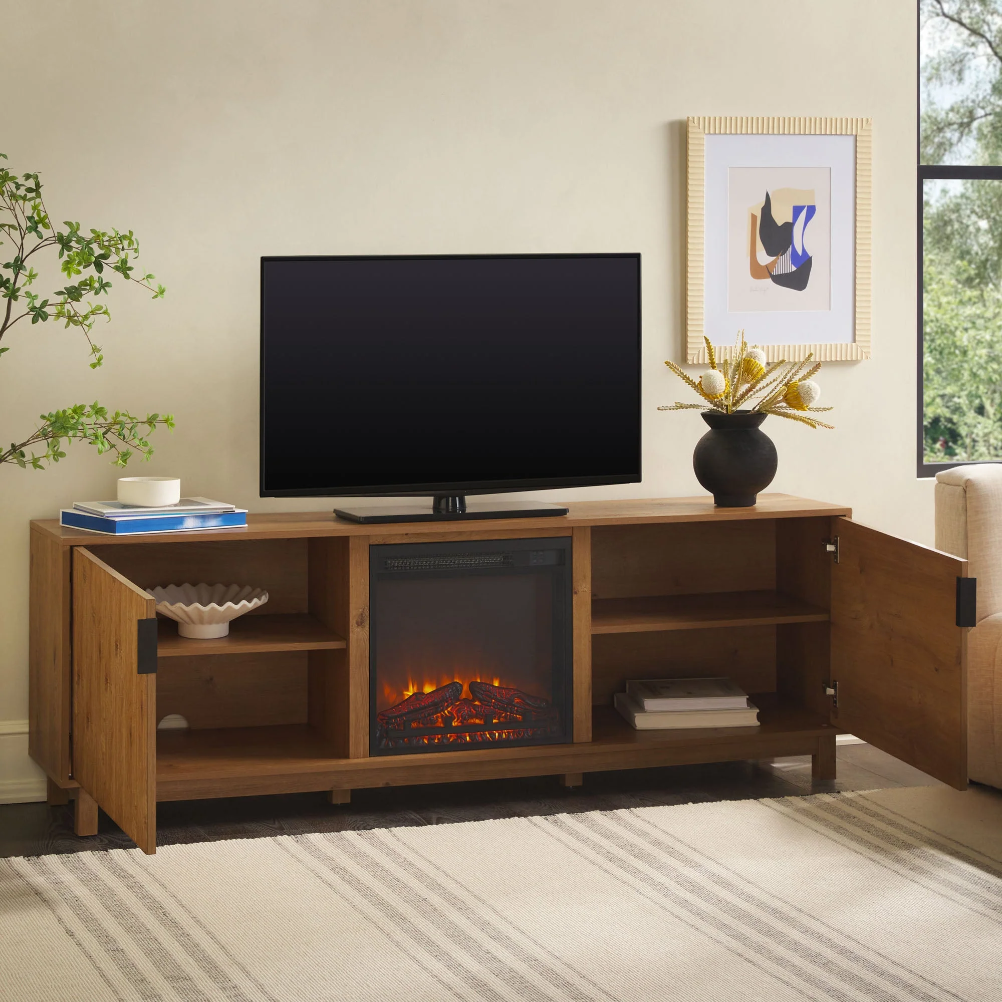 Reema Scandinavian 70 Modern Reeded TV Stand with Freestanding Electric Fireplace