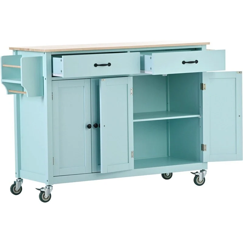 Solid Wood Top Kitchen Island Cart with Locking Wheels,2 Drawers,Towel Rack