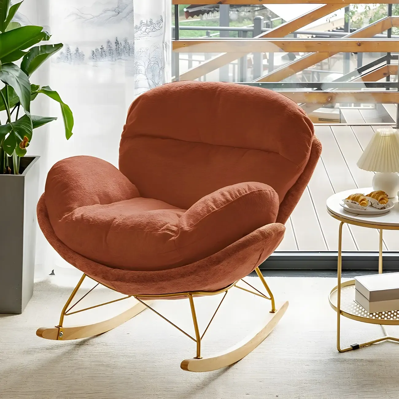 Modern Velvet Upholstered Rocking Chair with Wood Legs