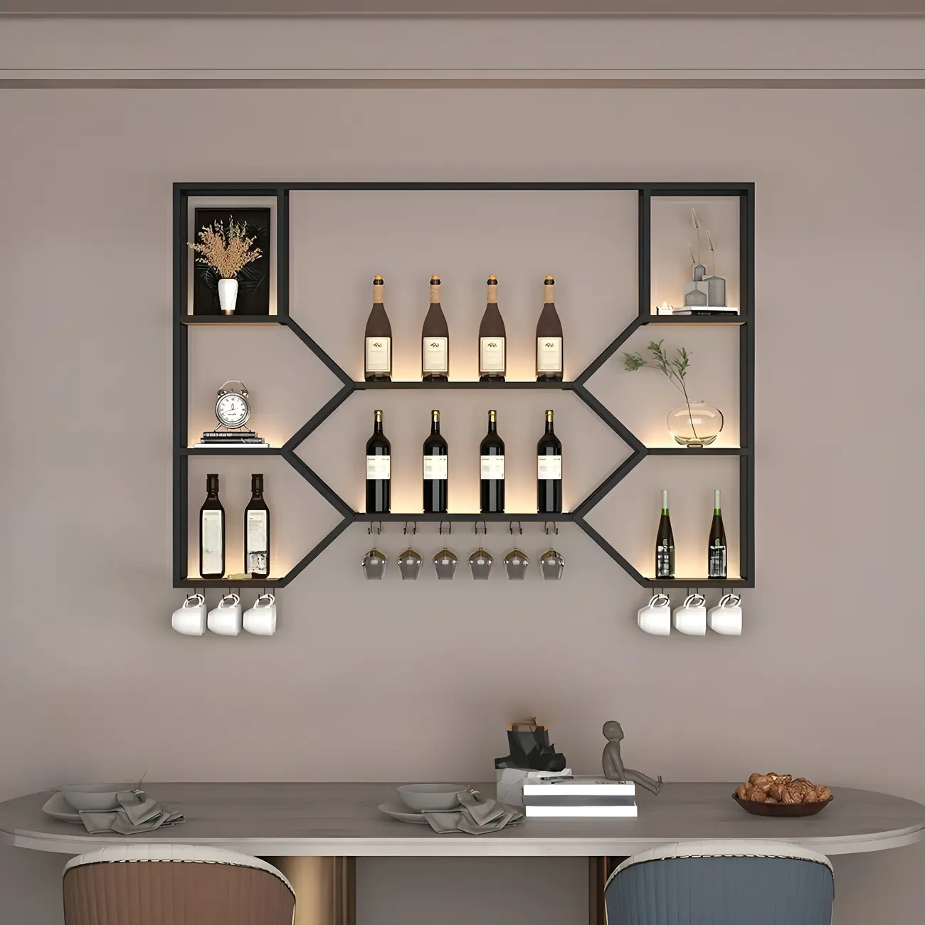 Black Metal Wall-Mounted Lighted Wine Rack