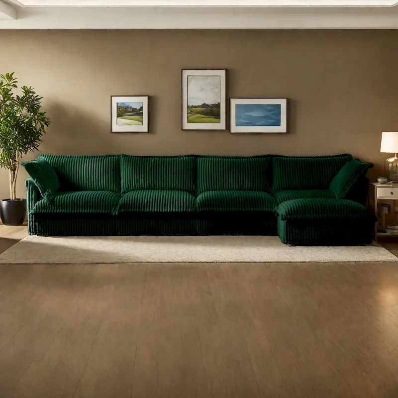Corduroy Slipcovered L-Shaped Sectional Sofa with Deep Seats, 4-Seater Couch with Supple Armrests and 2 Big Pillows