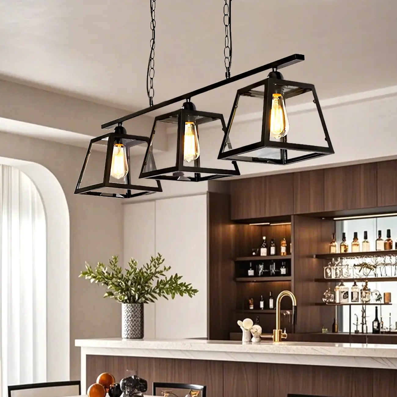 Industrial Black Metal 3-Light Pyramid Island Pendant Light