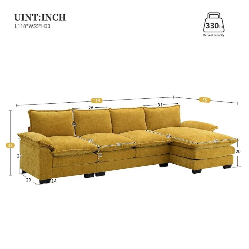 118*55 L-shaped Chenille Cloud Sofa with Double Seat Cushions, 5-seat Upholstered Sleeper Sofa Couch with Chaise Lounge