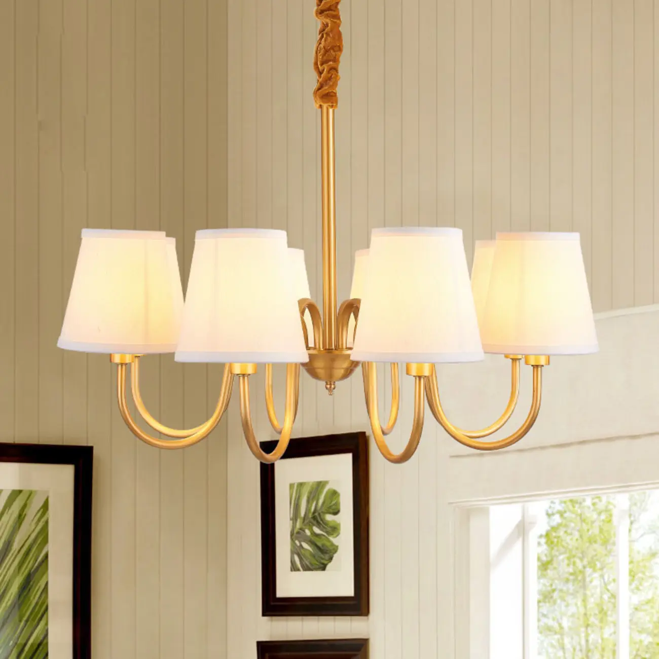 Modern Brass Hanging Chandelier with Fabric Shade