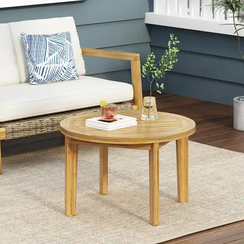 Roomfitters Round Patio Coffee Table, Solid Acacia Wood Slatted Top with Tapered Legs, Natural Wood
