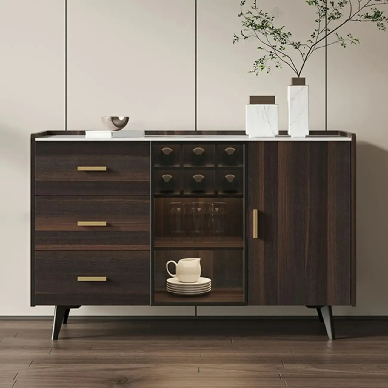 Modern Wooden Sideboard with Cabinets & Wine Rack